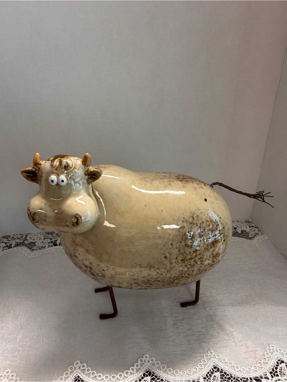 Vintage Artisan Cow Figurine Speckled Ceramic Stoneware W/metal Legs &Wire Tail